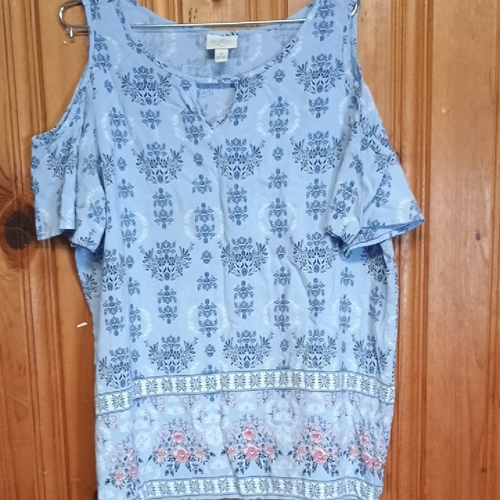 St. John's Bay Blue Asymmetrical Blouse with Cut Out Sleeves